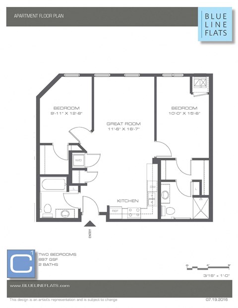 Floor plan for 2 beds, 2 baths, 856 sqft